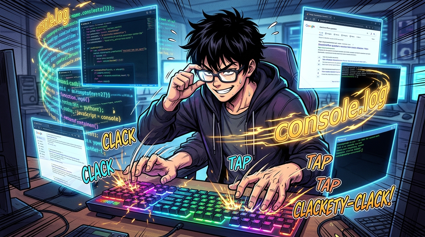 Developer summoning StackOverflow with lightning fast typing